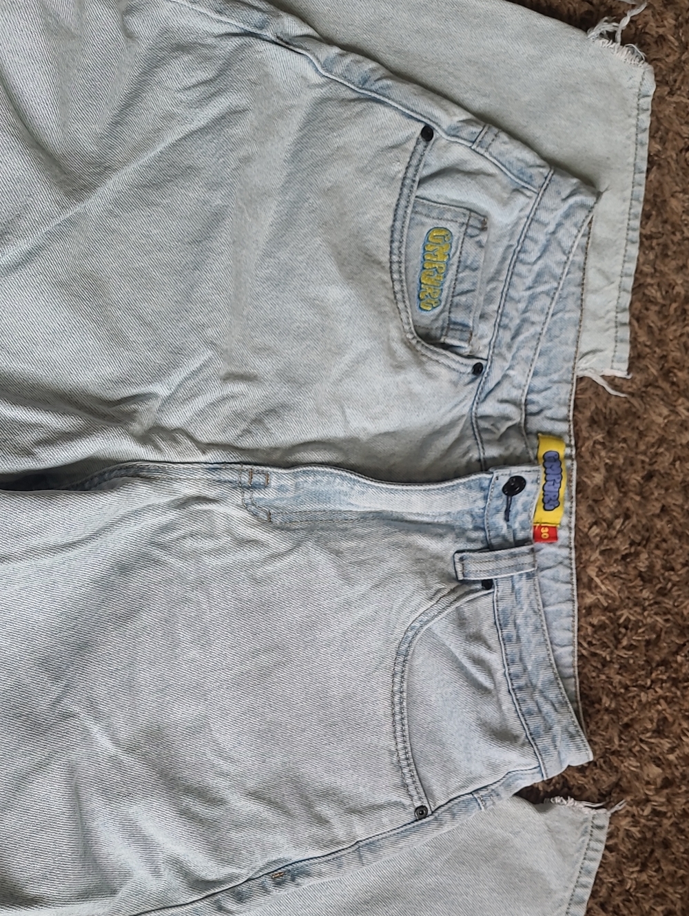 Light Wash Denim Shorts with Yellow Logo Patch
